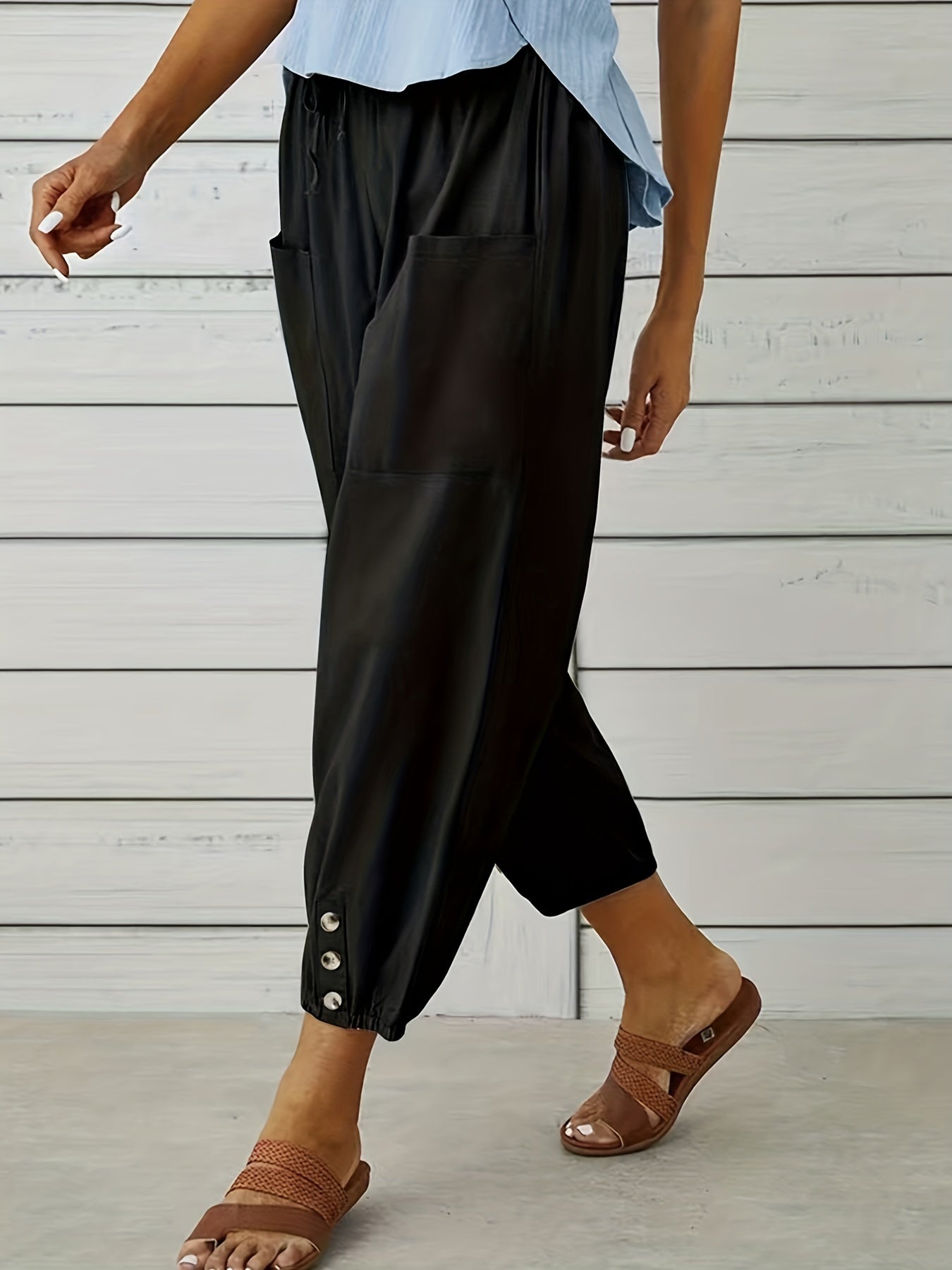 Women's Plus Solid Button Decor High Rise Harem Trousers