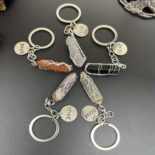 Natural Raw Stone Crystal Healing Tree Keychain For Men