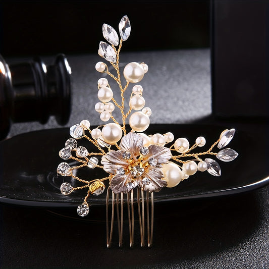 Flower Charm Hair Comb Rhinestone & Faux Pearl Bridal Wedding Headwear