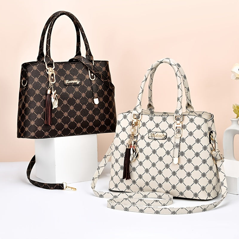 Vintage Print Tote Bag Zipper Shoulder Satchel Bag
