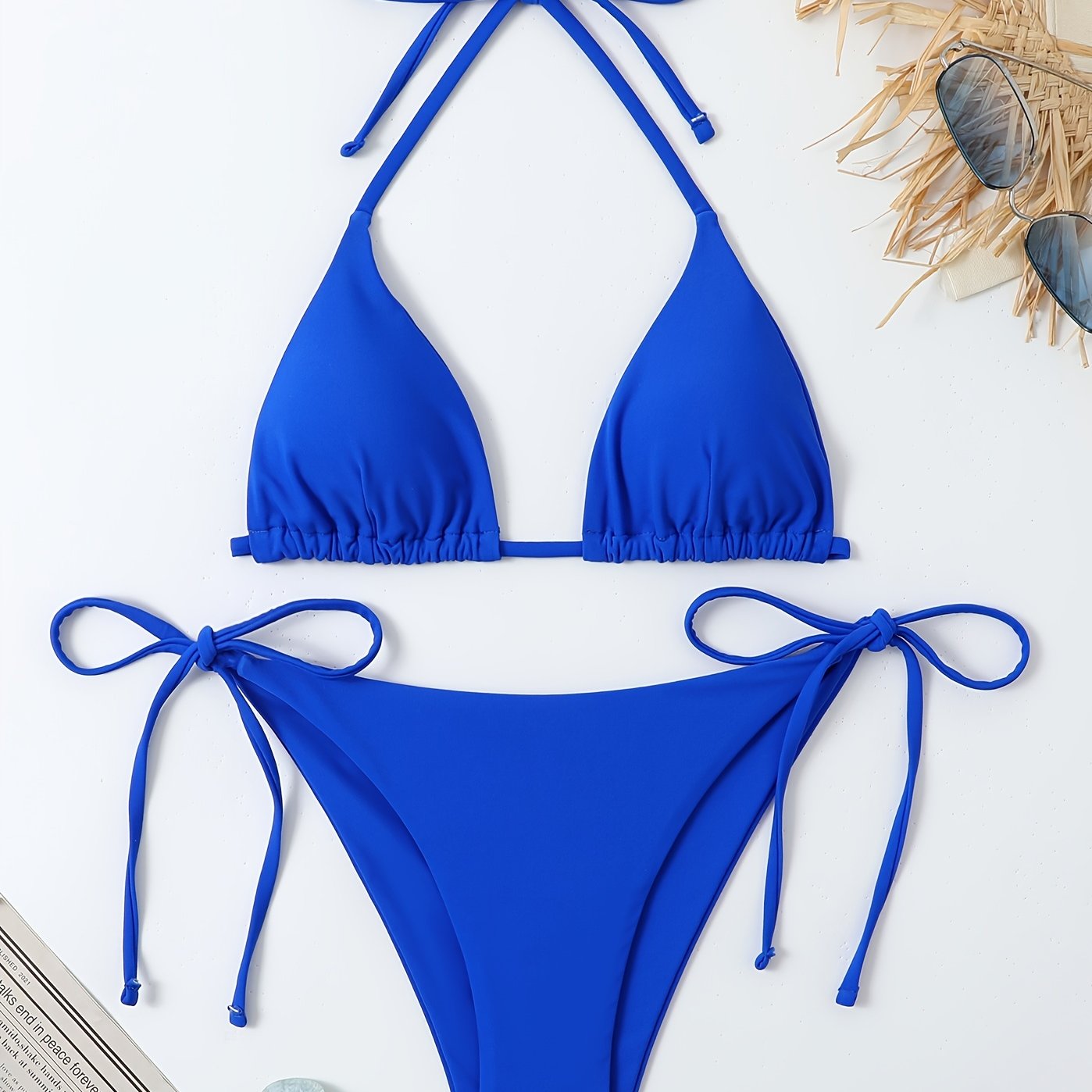Women's Solid Halter Neck Side Knot Bikini Set Triangle Bottoms