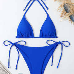 Women's Solid Halter Neck Side Knot Bikini Set Triangle Bottoms