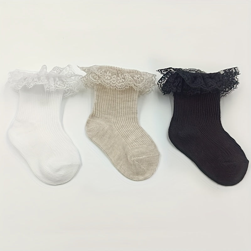 3 Pairs Baby Toddler Lace Ruffled Socks For Autumn Winter