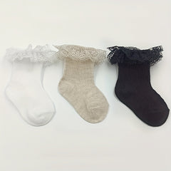 3 Pairs Baby Toddler Lace Ruffled Socks For Autumn Winter