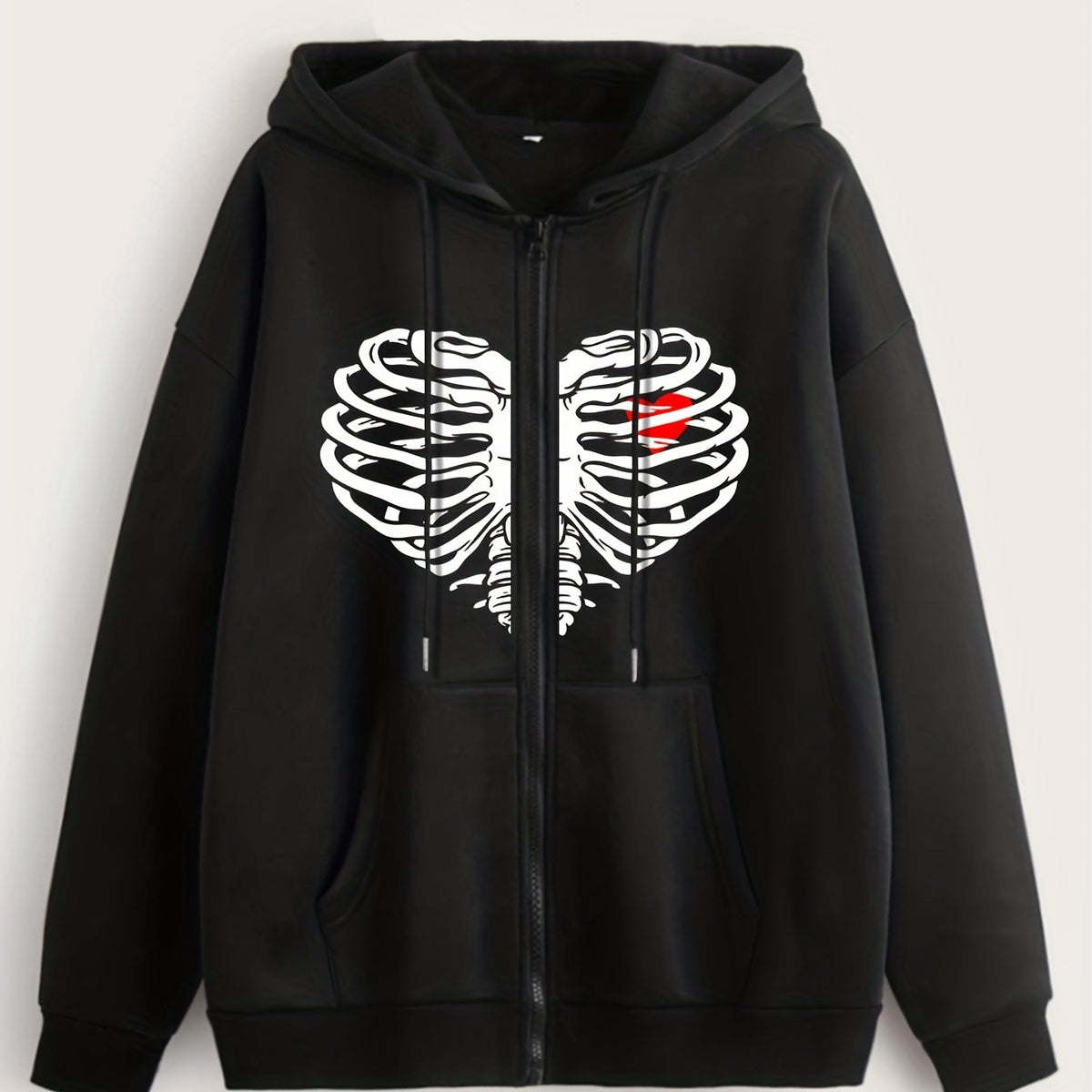  Halloween Skull Heart Print Zip Hoodie