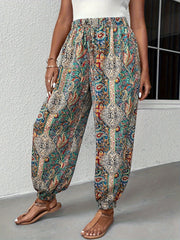  Boho Pants Women's Plus Paisley Print Tie High Waist