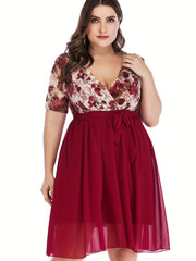 Women's Plus Floral Print Mesh Sleeve Midi Dress