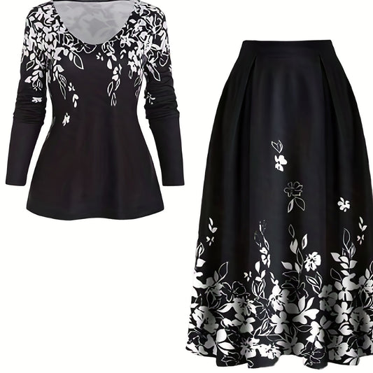  Floral Print Long Sleeve V Neck Top & Skirt 2 Piece Set