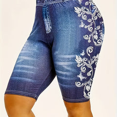 Floral & Denim Print Leggings for Women