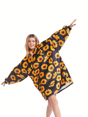  Sunflower Print Hooded Wearable Blanket
