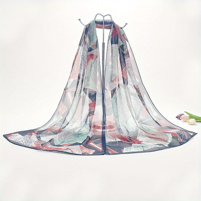 Vintage Leaf Print Chiffon Scarf Thin Gauze Shawl