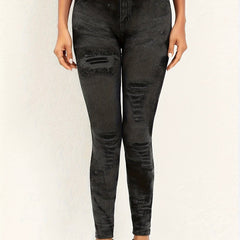 Distressed Denim Print High Rise Leggings Plus Size