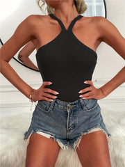 Ribbed Cross Back Halter Neck Top Sleeveless Summer Casual Top