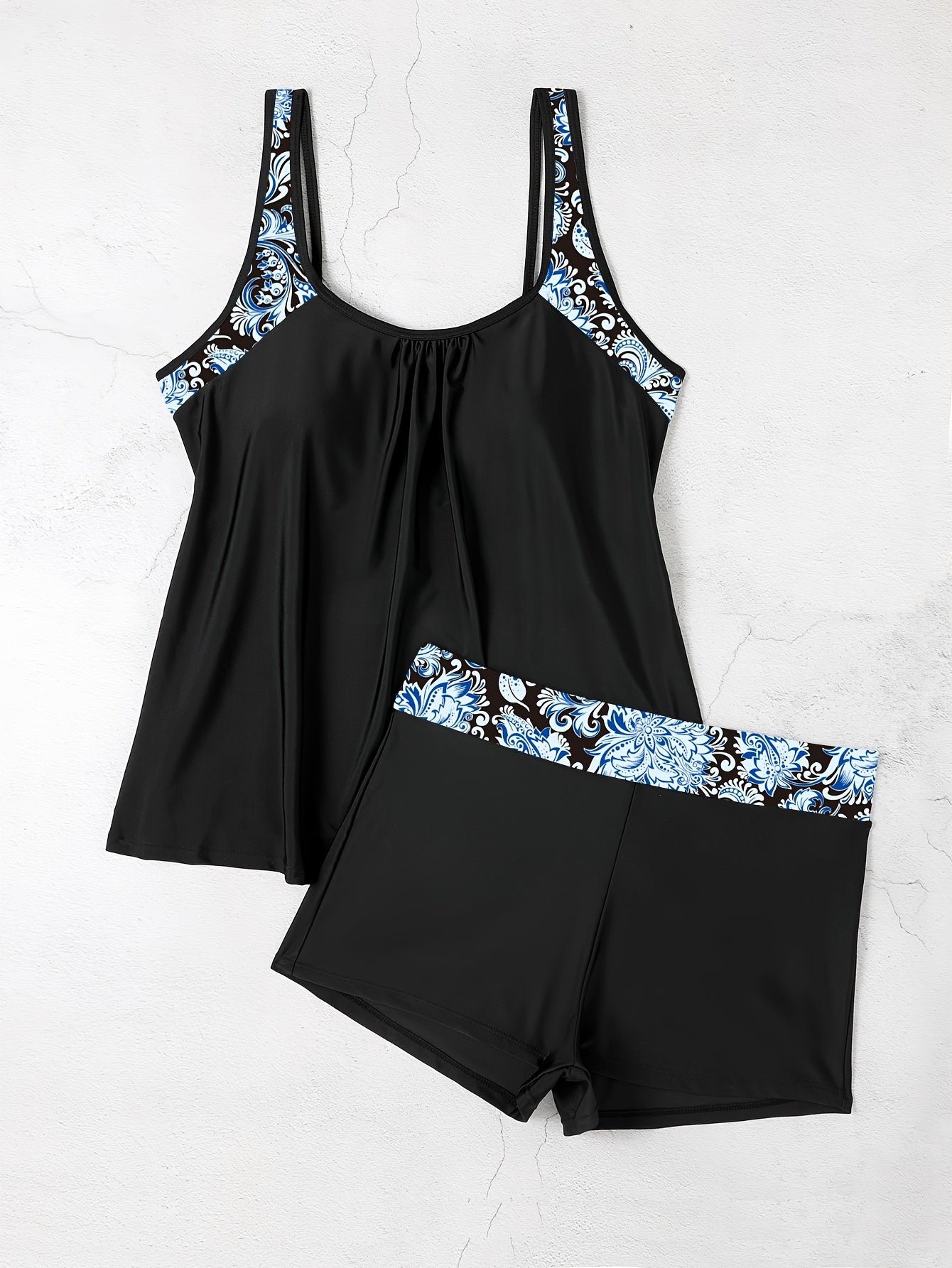  Floral Tankini Set Split Strap Top & Shorts Two Piece