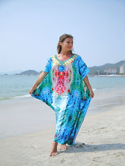  Boho Cover Up Women's Plus Tribal Print Batwing Sleeve V Neck Split