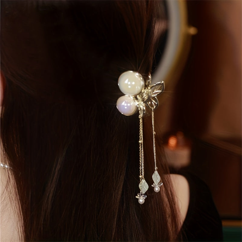 Faux Pearl Cherry Hair Claw Chain Tassel Nonslip Claw for Women Girls