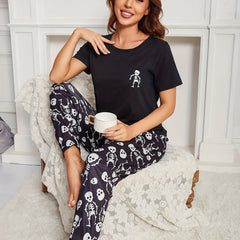 Skull Print Pajama Set Short Sleeve Crew Neck Top & Elastic Waistband Pants