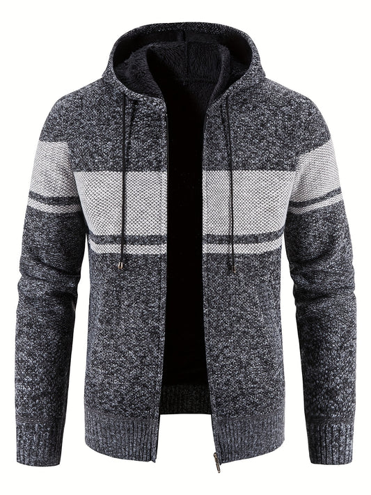 Knitted Block Hooded Sherpa Lined Cardigan Casual Zip Up Jacket