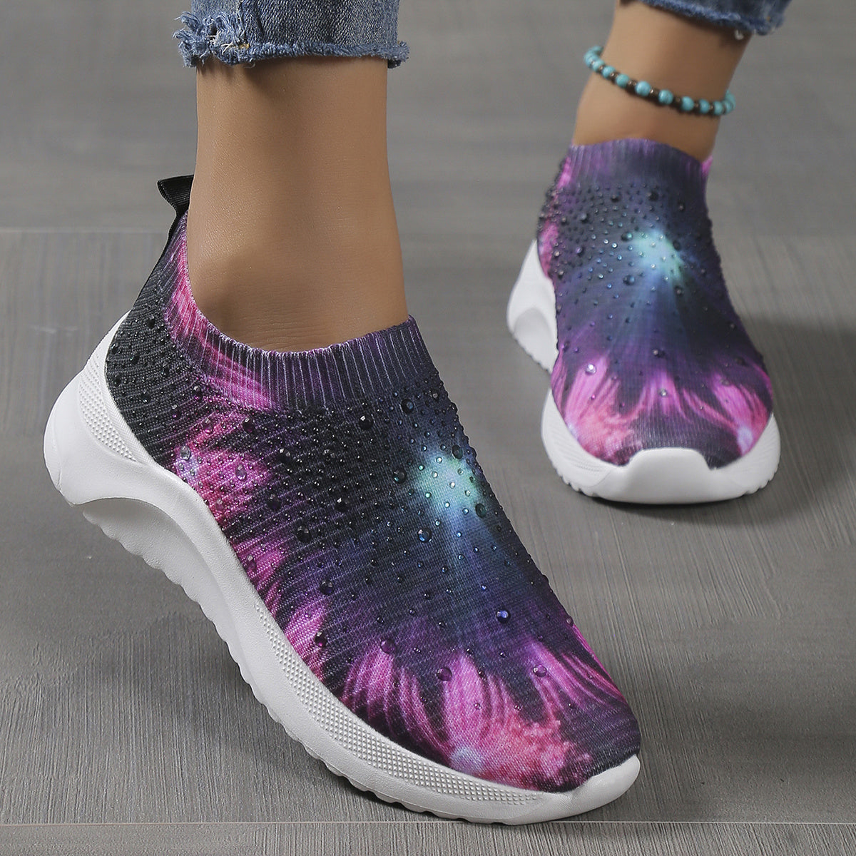 Women's Rhinestone Decor Knit Sock Shoes Low Top Slip On Sneakers