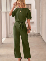 Solid Crew Neck Short Sleeve Jumpsuit High Waist Wide Leg Long Length With Belt