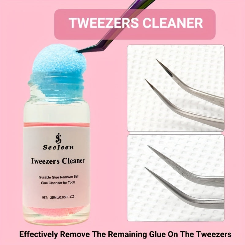 Jeen Eyelash Extension Tweezers Set with Cleaning Tool & Liquid Remover