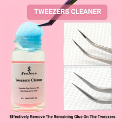 Jeen Eyelash Extension Tweezers Set with Cleaning Tool & Liquid Remover