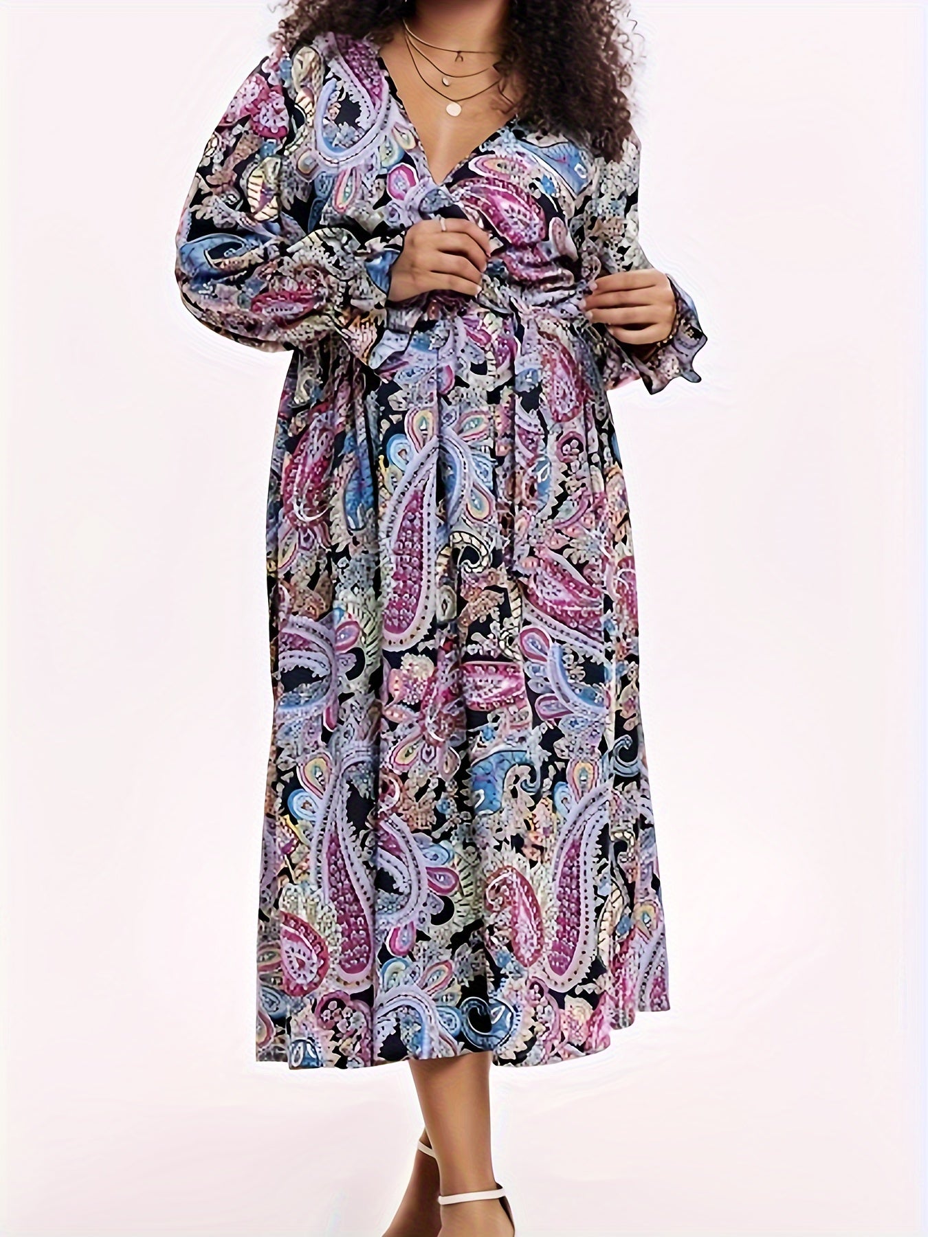  Boho Dress Paisley Print Lantern Sleeve Maxi Dress