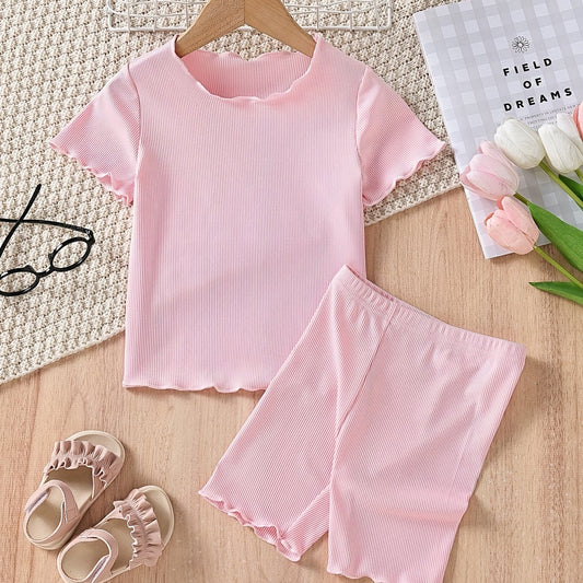 Girls Solid Bustier Round Neck Short Sleeve Pullover & Solid Shorts