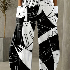  Cartoon Cat Print Wide Leg Pants