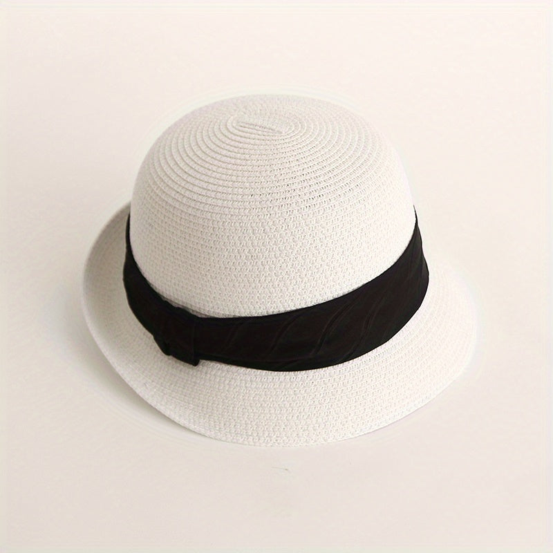 Rolled Brim Straw Fedora Sun Hat Unisex Jazz Cap Solid Color Summer Beach Hats