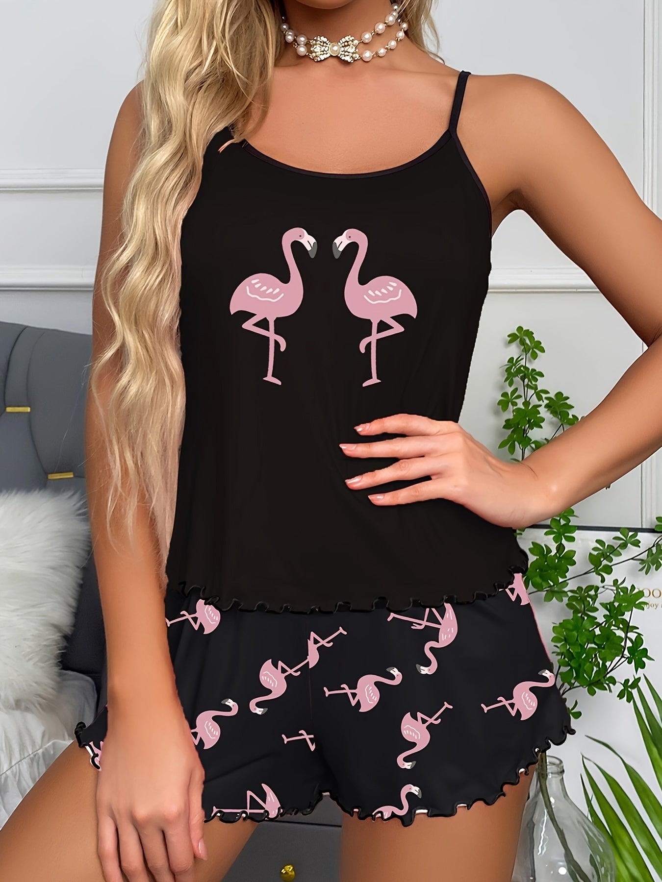 Flamingo Print Pajama Set Cami Top & Shorts Women's Sleepwear