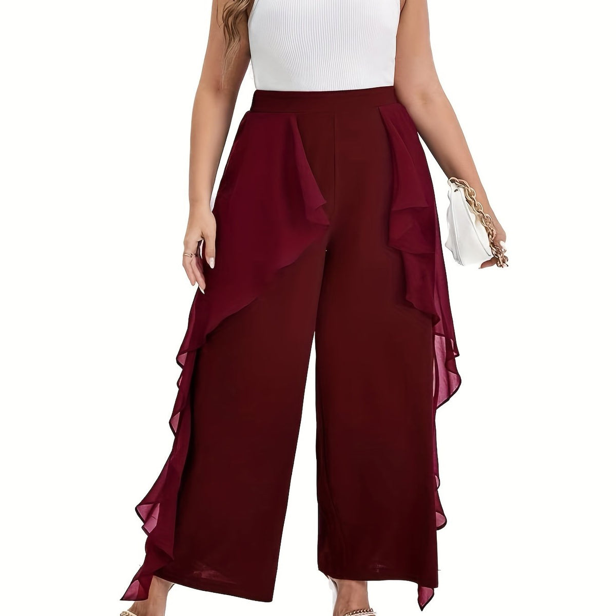  Solid Ruffle Trim High Rise Wide Leg Pants