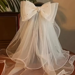 Double Layer Bowknot Bridal Veil with Pearls Wave Edge