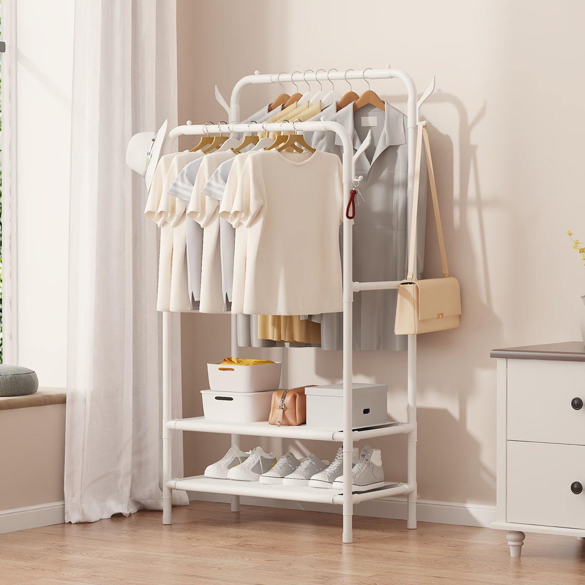 Garment Rack with Double Rods, Lower Storage, and Hooks