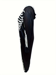  Gothic Skeleton Print Zipper Hooded Jumpsuit
