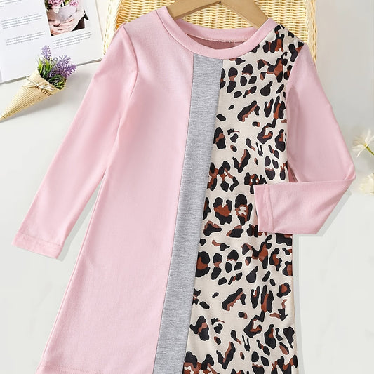 Girls Leopard Splicing Dress Kids Spring Clothes