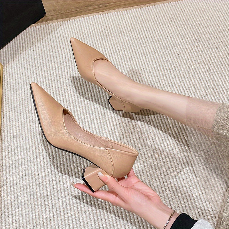 Women's Pointed Toe Mid Heels Slip On Chunky Heels Versatile Office Shoes