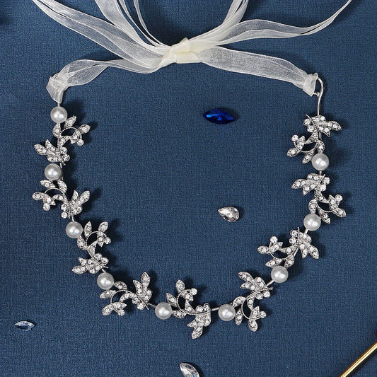 Faux Pearl & Rhinestone Leaf Headband Adjustable Bridal Hair Accessory
