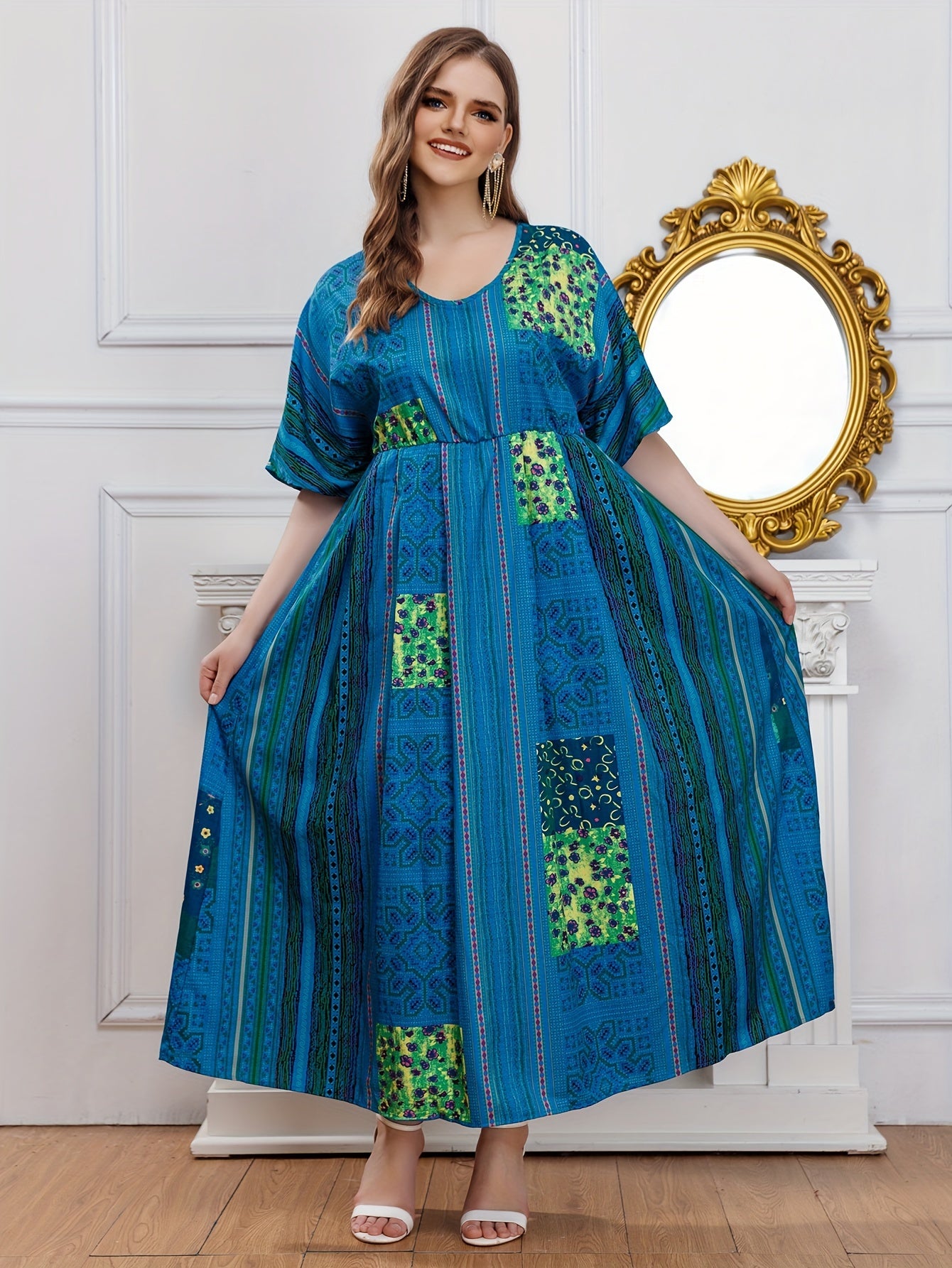  Ethnic Print Batwing Sleeve Maxi Dress
