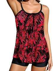 Floral Print Tankini Set Tie Front Cami Top & Shorts Swimsuit 2 Piece