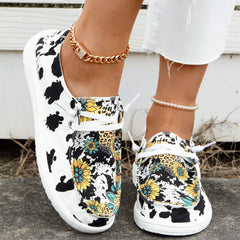 Women's Cow Sunflower Printed Canvas Loafers Lace Up Round Toe Shoes