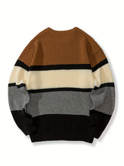 Men's Knitted Block Sweater Casual Crew Neck Pullover