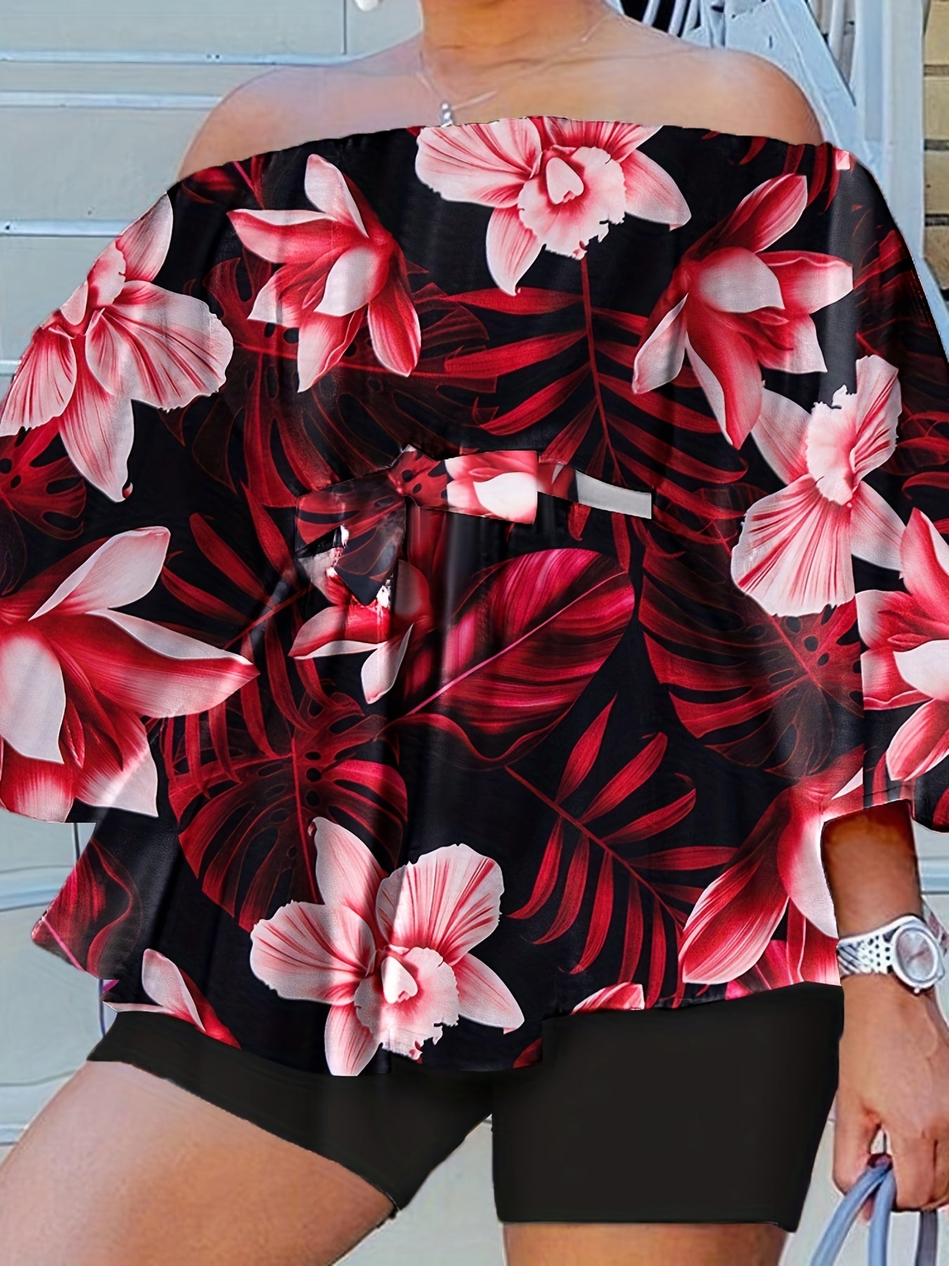  Tropical Print Off Shoulder Peplum Top & Shorts Set