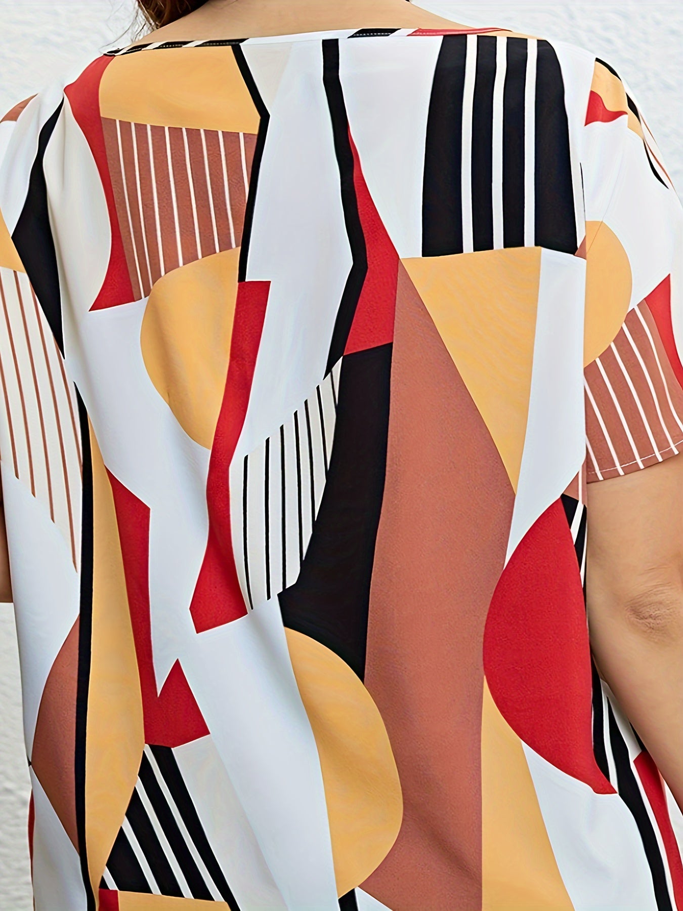  Colorblock Geometric Print Short Sleeve Blouse