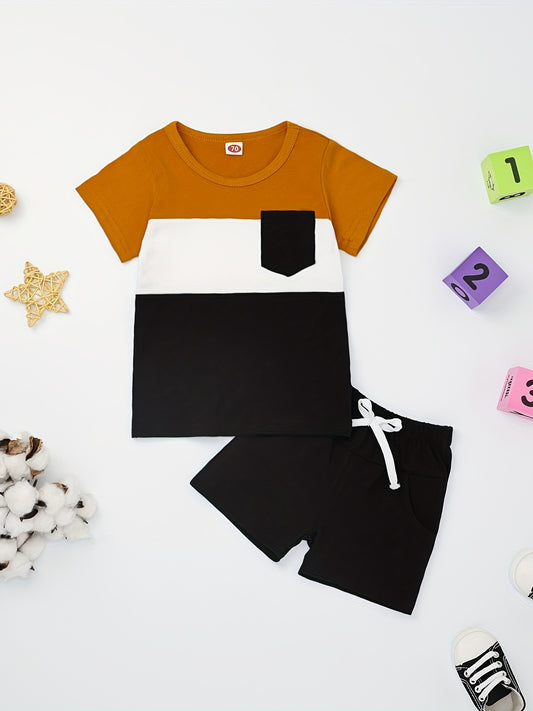 2pcs Baby Boys Block Pocket Patched T shirt & Shorts Set Clothes