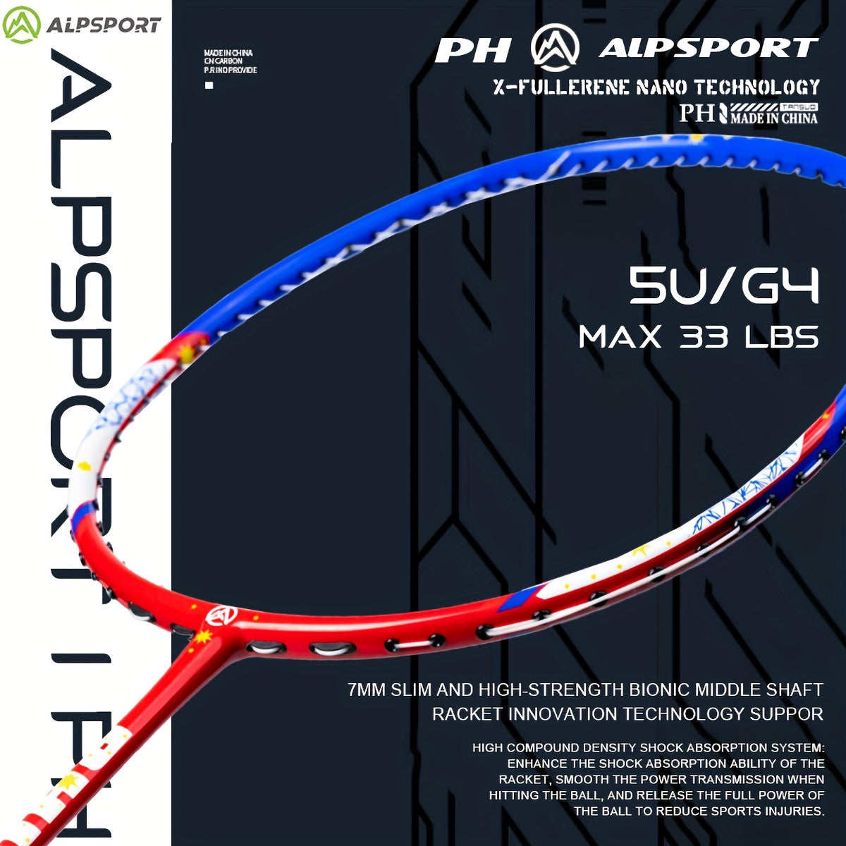 ALPSPORT PH Memorial 5U G4 Max 14 Badminton Racket 100 Full Carbon Fiber
