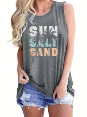 Sun Salt Sand Print Tank Top Sleeveless Crew Neck Beach Tank