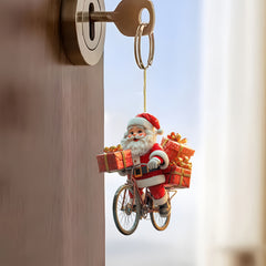 Santa Claus Bicycle Acrylic Ornament Keychain Festive Holiday Pendant