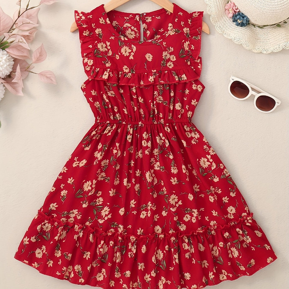 Girls Sweet Floral Ruffled Dress Sleeveless Ditsy Dress