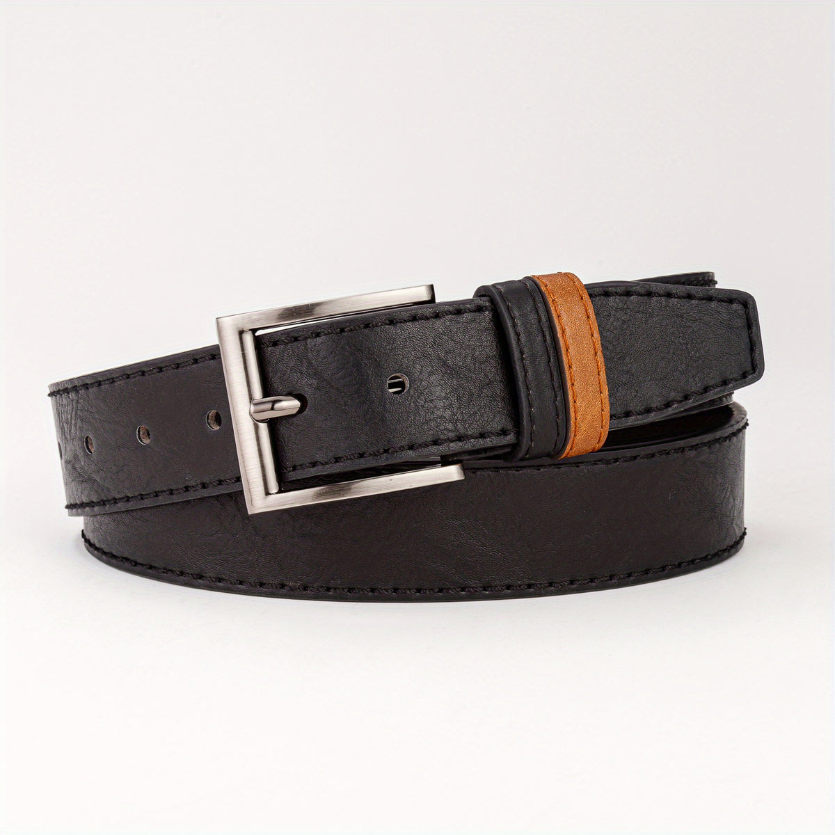 Men's Leather Belt with Pin Buckle and Two Rings